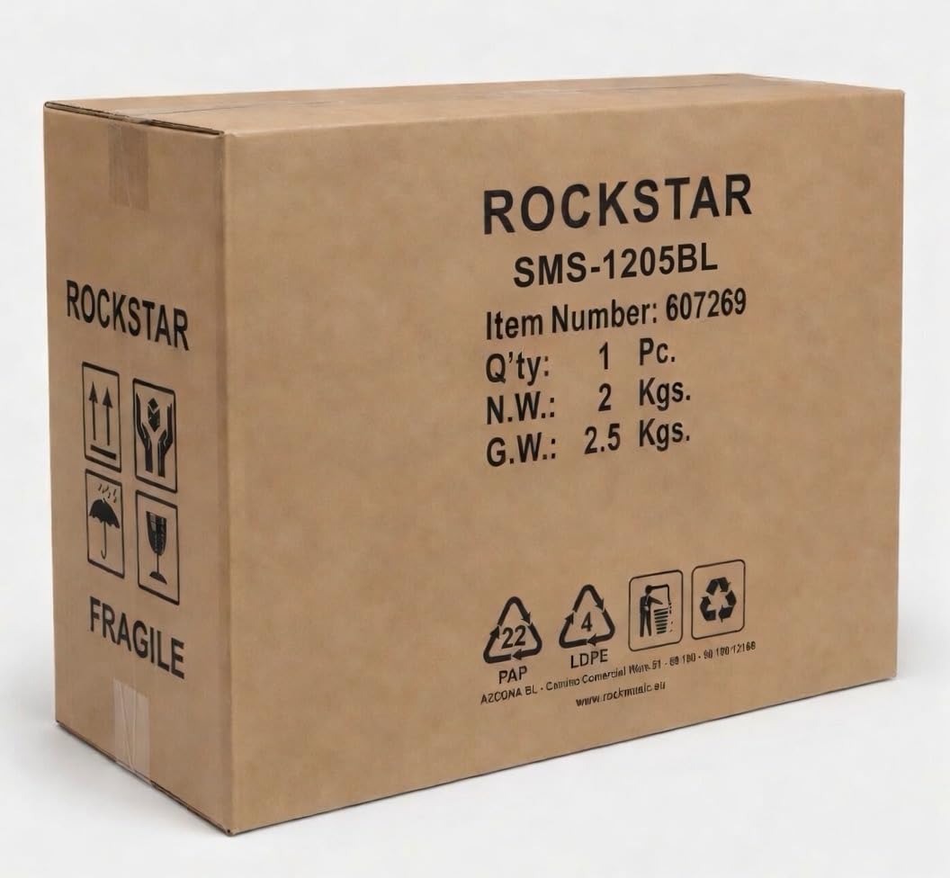 ROCKSTAR - Tambor de Madera Afinable SMS-1205BL 12" x 5" (30,5 x 12,7 cm) Caja de Marcha, Instrumento de Percusión con Bordón Ajustable, Correa y Baquetas Incluidas. Azul metalizado.