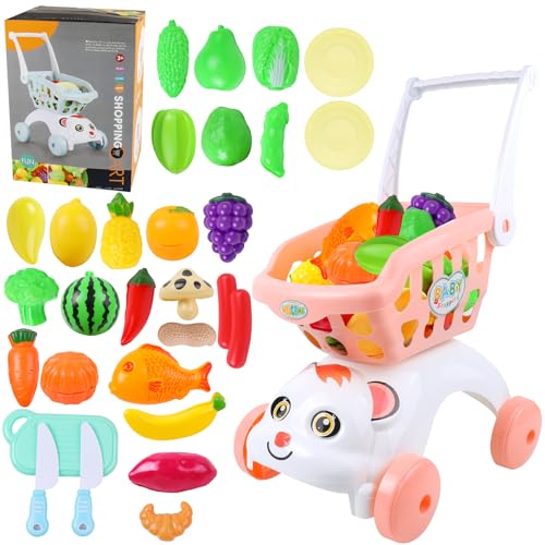 AnJeey Kinder Einkaufswagen Spielzeug mit schneidbaren Lebensmitteln, Früchten und Gemüse, 29-teiliges Spielset für Kinder-Rollenspiele, EIN lehrreiches Spielzeuggeschenk