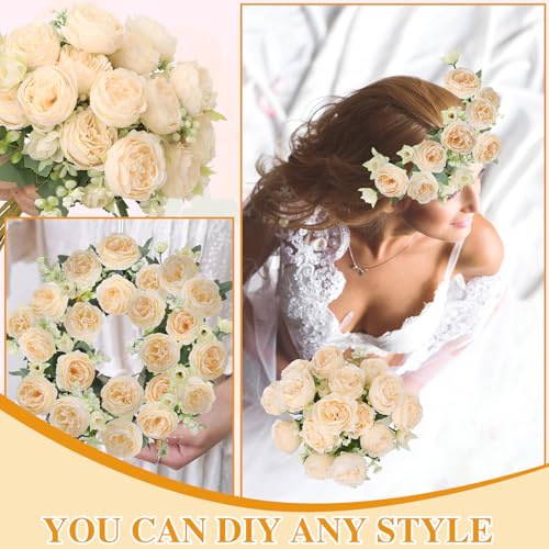 Image of 8 Pack Champagne Peonies Artificial Flowers, Cream Fake Silk Hydrangea Bouquet for Bridal Wedding Home Table Decor Reusable Dining Opening Ceremony Birthday Arrangement Faux Floral