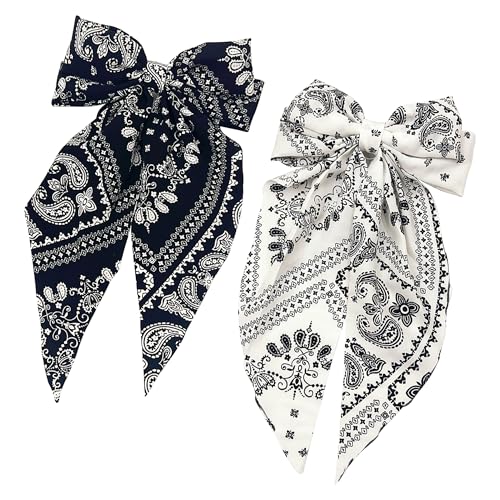 Jazswirl Bow For Hair, 2 Pcs Big Hair Bows For Toddler Girls Women, Black And White Paisley Hair Bow Clips,16X33 Girls Bows For Hair cover