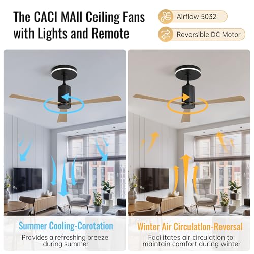 CACI 52-Inch Flush Mount Ceiling Fan with Light and Remote - Quiet Reversible DC Motor for Indoor/Outdoor Use