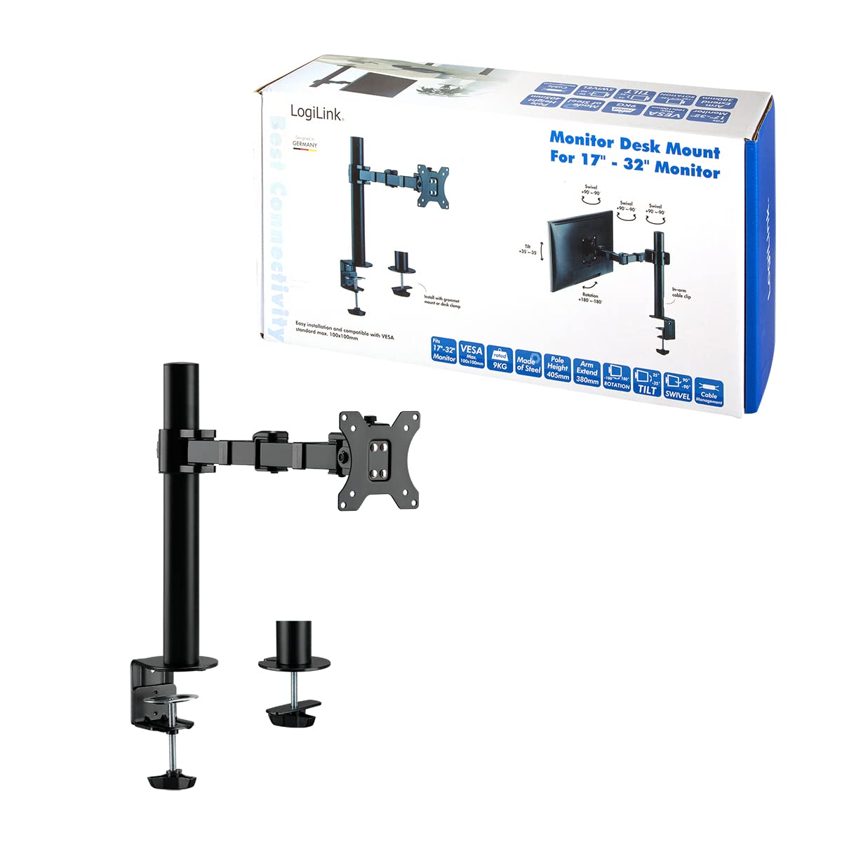 LogiLink BP0105 - Supporto per monitor da 17 a 32" inclinabile con braccio girevole da 380 mm, VESA max. 9 kg PC