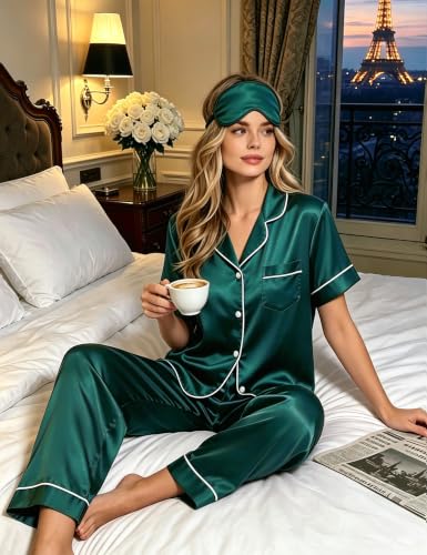 Image of SWOMOG Womens Silk Satin Pajamas Sets 4pcs Sleepwear Sexy Cami Shorts Set and Button Down Short Sleeve Pjs Loungewear