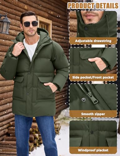 Xnova Winterjacke Herren Gefütterte Lang Steppjacke Bubble Jacket Winddicht Warme, Wasserabweisend Parka Mantel mit Kapuze (Grün, L)