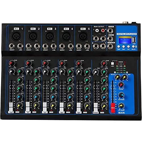 Depusheng HT7 Mezclador de audio portátil Bluetooth con consola de mezcla de sonido USB DJ Bandas de 7 canales Tableros de mezcla Conector de MP3 Alimentación de 48 V, para grabación por computadora