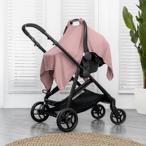 Image of Comfy Cubs Baby Car Seat Cover - Soft, Breathable Bamboo Rayon and Muslin Cotton Blend - Lightweight Canopy for Sun, Bug, and Comfort Protection - Large Size Infant Seat Cover in Mauve Design
