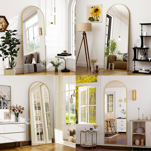 Image of 21 inch x 64 inchArched Full Length Mirror - Wall Mounted Floor Mirror- Aluminum Alloy Frame Full Body Mirror for Bathroom Living Room Bedroom and Entryway Gold