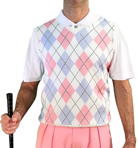 V-Neck Argyle Golf Sweater Vests - Golfknickers: Mens - Pullover - White/Pink/Light Blue - Large #TOP23