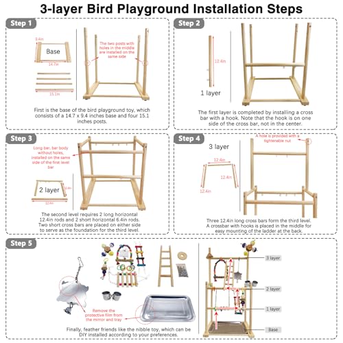Image of Hamiledyi Natural Wood Bird Playground - Large 3-Tier Perch Stand with Exercise Platforms Durable Activity Gym for Parrots, Cockatiels and Small Birds Bird Stand with Ladders and Swings