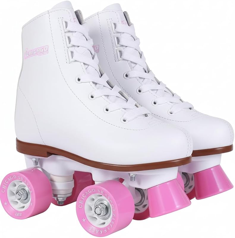 Patines de ruedas Chicago Rink para niñas y niños – Zapatos de patinaje duraderos de alto rendimiento para uso en interiores y exteriores con cuello acolchado en el tobillo, cordones y correa de velcro – Ruedas de uretano de 54 mm, rodamientos de semiprecisión