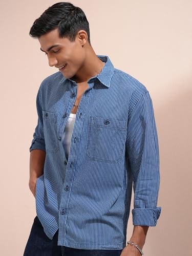 Image of Locomotive Premium Men Washed Dobby Textured Utility Pocket Oversized Over Shirt Blue