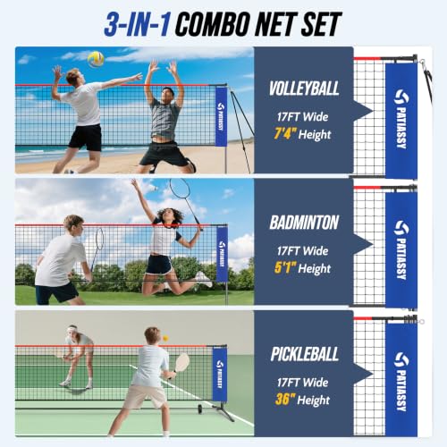 Image of Volleyball Badminton Pickleball 3-in-1 Combo Net Set, 5.1-7.4ft Adjustable Height Sports Nets for Backyards, Portable 17ft Outdoor Net with Carry Bag, Rackets and Balls
