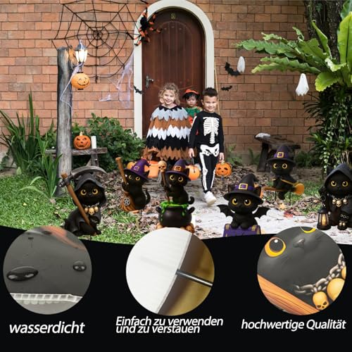 ILMFMY Halloween Gartendeko – 6er Set Schwarze Katzen Figuren mit Hexenhut, Besen, Sichel & Flügel, wetterfest & wiederverwendbar, Outdoor Gruseldeko für Garten, Terrasse, Rasen & Party