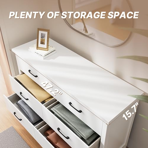 LYNSOM White Dresser for Bedroom, 6 Drawer Dresser with Metal Handles, Modern Wood Chest of Drawers for Living Room, Entryway and Hallway - Thumbnail 4