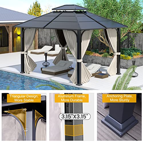 Olilawn Gazebo 10X12, Outdoor Hardtop Gazebo With Durable Metal Frame, Galvanized Steel Double Top Gazebo With Ventilation, All-Weather Metal Gazebo With Netting And Curtains, For Patios Gardens Lawns #TOP3