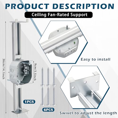 Image of Tandefio 1 Pcs Adjustable Ceiling Fan Bracket Ceiling Mounting Bracket Electrical Box for Fans and Light Fixtures, 14.7 Inches in Length