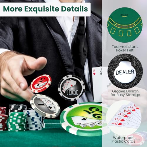 HOMASIS Profi Pokerset mit 300/400 Pokerchips, Pokerkoffer mit Matte, 2 Kartendecks, 5 Würfeln, 1 Dealer Button, Aluminiumkoffer abschließbar, Kasino Poker Set für Texas Hold'em Blackjack (300 Chips) – Bild 7