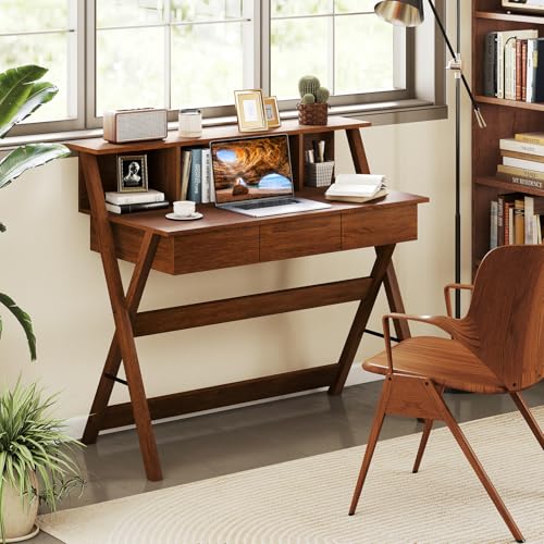Giantex Mid Century Modern Desk with 3 Drawers, Vintage Computer Desk with Hutch & Monitor Stand, Makeup Vanity Table, Home Office Workstation for Small Spaces, Study Writing Desk for Bedroom, Walnut