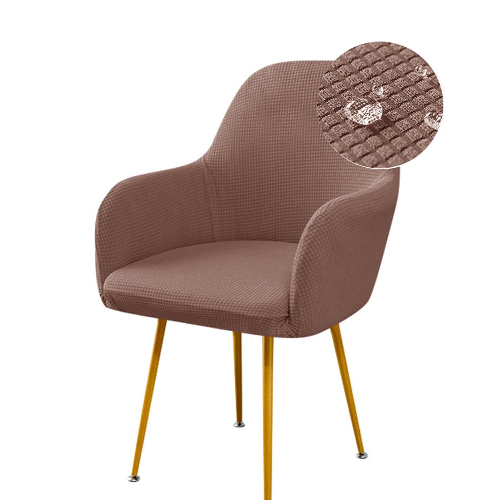 Highdi Stretch Dining Chair Covers Waterproof Jacquard Curved Back Chair Slipcovers with Armrest, Vanity Swivel Armchair Cover Removable Washable for Bedroom Party Hotel (2 PCS,Light Brown)