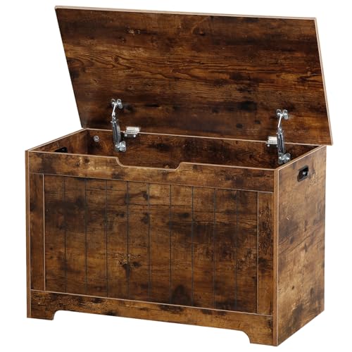SUPER DEAL Baúl de almacenamiento, organizador de caja de pecho de 30 pulgadas con 2 bisagras de seguridad, banco de almacenamiento de entrada de madera, marrón rústico