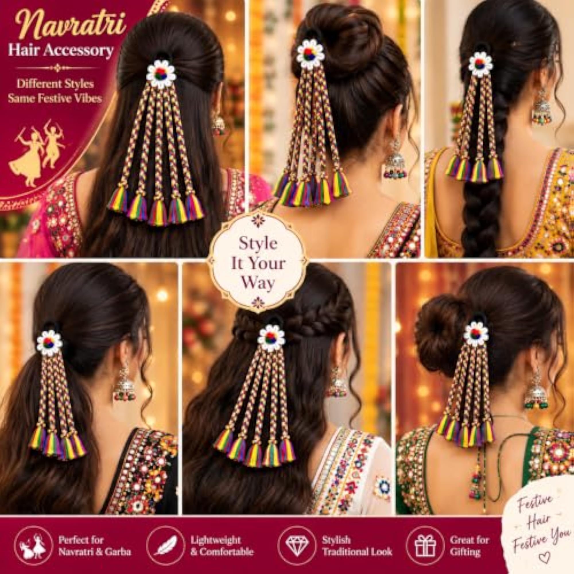 Navratri Multicolour Hair Braids Extension with Decorations