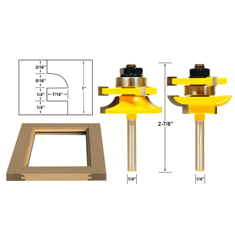 Set di 3 punte per fresa con gambo da 1/4", telaio per la lavorazione del legno, porta in vetro, guida reversibile e stile + punta per fresa per pannello rialzato, in carburo cementato, per legno