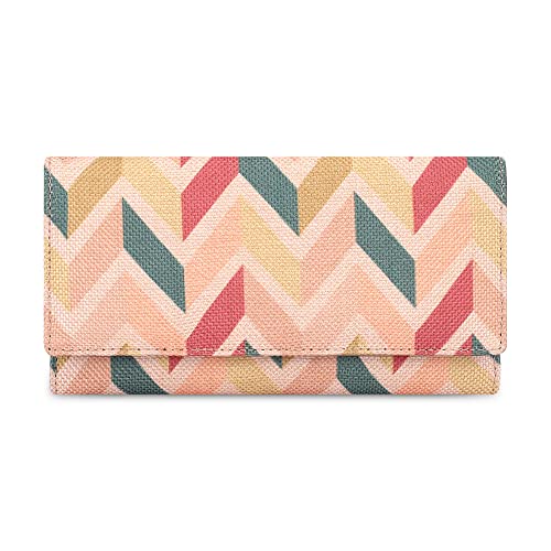 Image of THE CLOWNFISH Charisma Collection Printed Handicraft Fabric & Faux Leather Womens Wallet Clutch Ladies Purse with Multiple Card Slots (Cream-Wave Design)