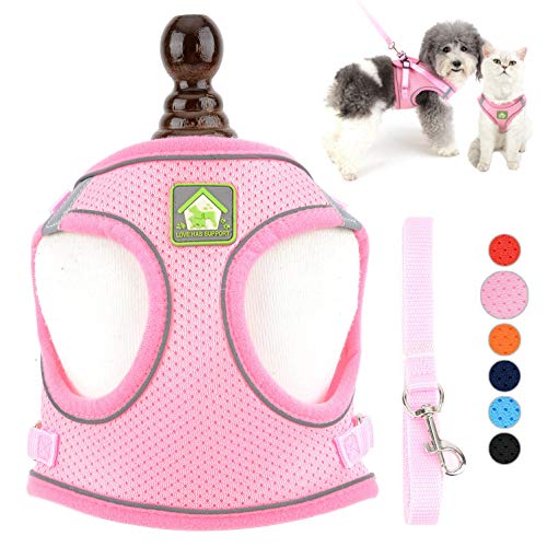 Ranphy Escape Proof Small Dog Harness and Lead Set Adjustable Puppy Cat Step in Mesh Vest No Pull 3M Reflective Solid Color Soft Breathable Pet Harnesses for Walking Outdoor Training Pink L