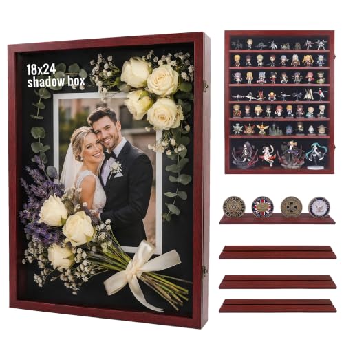 Image of GMFrames 18x24 Wooden Shadow Box Frame with Removable Shelves Deep Display Case for Military Medals Keepsakes Cherry