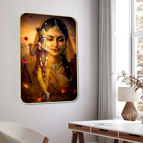 Image of SAF Radha Krishna Devotional Wall Art | Golden Glow Spiritual Painting with Flute | MDF Wall Hanging for Pooja Room Living Room Bedroom Temple Decor & Gift (13 x 19 inch) MG01-1033