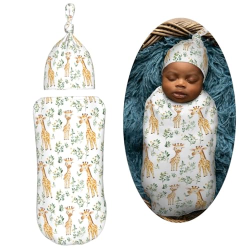 Image of Giraffe Watercolor Newborn Swaddle Blankets Hat Sets Soft Baby Receiving Blanket Swaddle Sack for Baby Shower Infant Boy Girl Gift