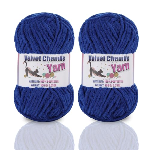 Image of 2 * 100g /3.5oz Fluffy Chenille Yarn for Crocheting, Chunky Velvet Yarn for Crochet Amigurumi, Used for Making Baby Yarns Blanket, Clothes, Pattern Knitting Creations (Sapphire Blue)
