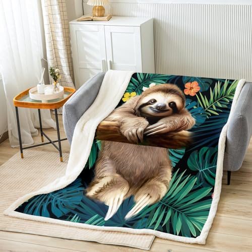 Cute Sloth Fleece Throw Blanket Cartoon Animal Sherpa Blanket for Couch Bed Sofa Funny Lazy Sloth Tropical Leaves Floral Print Plush Blanket Nature Themed Fuzzy Blanket Room Decor Twin 60"x8
