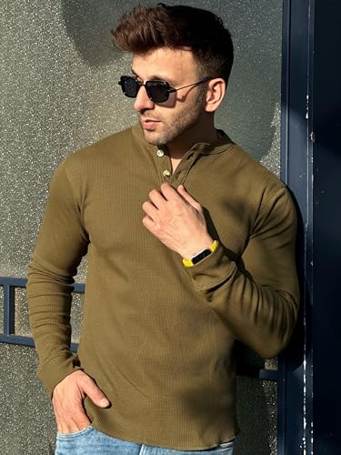 Image of GRITSTONES Men Self Waffle Knit Henley T-Shirt (GSHN-2H-01-BLK S)