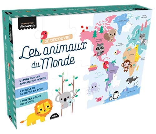 Je découvre les animaux du monde : Avec 1 puzzle de 20 pièces en bois, et 1 poster géant du monde, 1 petit sac (Mon coffret découverte)