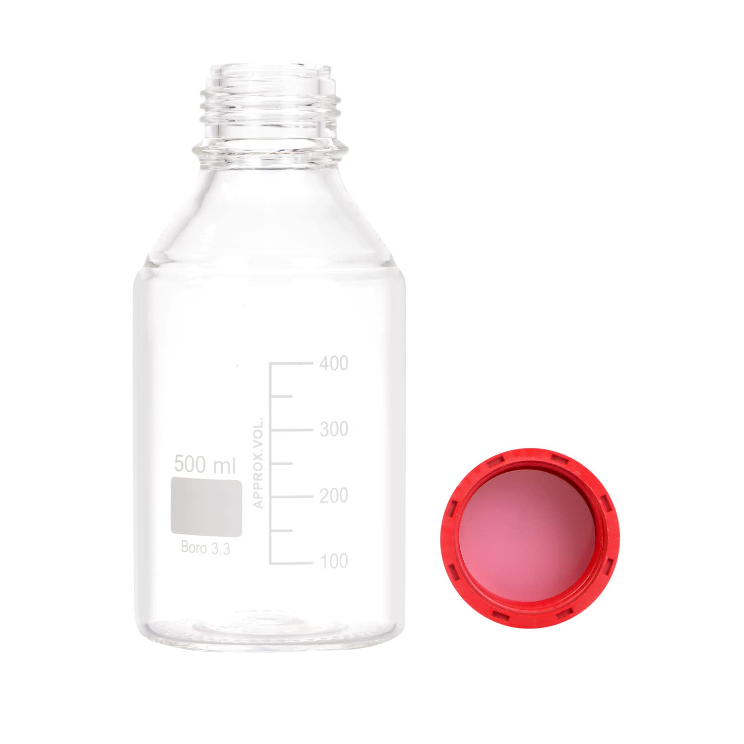 4 botellas de laboratorio redondas graduadas de 500 ml con tapa de rosca roja GL45 PBT, vidrio transparente de borosilicato 3.3
