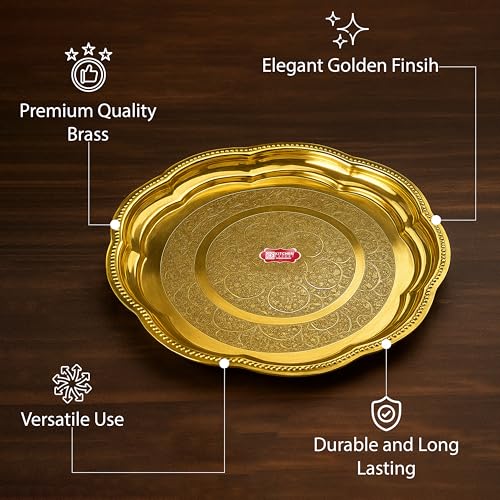 Image of Kitchen Expert Small Brass Plate | 15cm | Pooja Thali | Engraved Flower Design | Ideal for Puja /Prasad /Dia | Mandir Plate | Handcrafted Dia