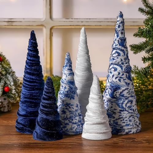 Civaner 6 Pcs Blue White Christmas Decor Chinoiserie Velvet Trees...