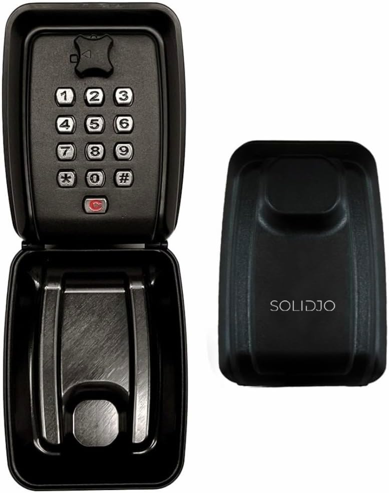 SOLIDJOKey Box for Home and Office, Security Lock Box, Stainless Steel Keyless Entry Door Lock with Combination Lock home rental, air bnb, safe, car keys, Black, SJ-KB-BL-01