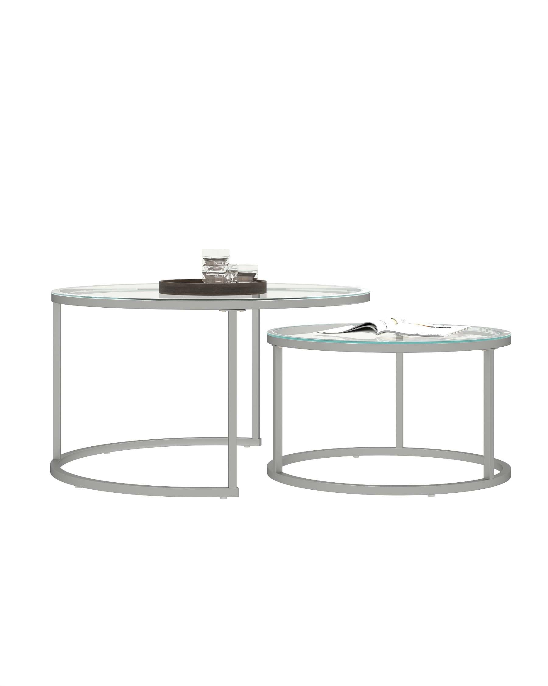 Tavolino Salotto Set di 2 Tavolini Sovrapponibili Rotondi in Vetro Temperato e Metallo Argento Tavolino da Caffè Moderno Salvaspazio Tavolo Rotondo da Balcone, 80+60cm