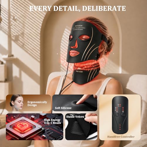 Image of Red Light Therapy Mask for Face & Neck Skin Care, 7-Color Infrared Facial Mask with 309 LED Chips, 5 Brightness, Rechargeable Controller for Anti-Aging, Skin Firming & Radiant Glow at Home (Black)