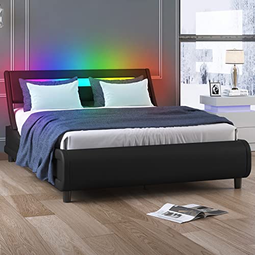 Cecer Queen Bed Frame With Led Headboard Tufted Bedroom Furniture Pvc Upholstered Platform Bed Frame Queen Size - Black #TOP6