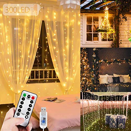 WEARXI Tonnelle lumineuse à suspendre 300 LED avec 8 modes pour chambre à coucher, chambre à coucher ou mur à suspendre pour intérieur, extérieur, Noël, mariage, fête, fenêtre, décoration de la maison