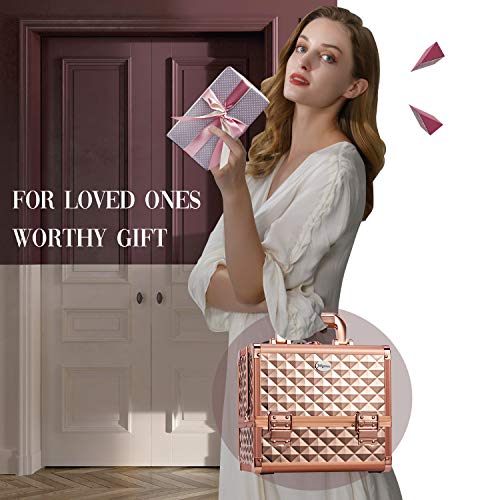 Joligrace Makeup Train Case Cosmetic Box Jewelry Organizer Professional 3 Tiers Trays with Mirror and Brush Holder Lockable Key Portable Travel - Rose Gold