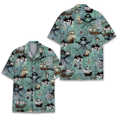 Pirate Skull Hawaiian Shirts for Men Women, Vintage Skull Pirate Treasure Map Shirt Button Down Short Sleeves3