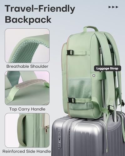 Image of HOTOR Travel Backpack for Women - TSA-Friendly Travel Bag with Multiple Compartments & 3 Packing Cubes, Water-Resistant & Comfortable, Perfect for Travel Essentials, Green, 17.3 inch x 13.0 inch x 7.9 inch
