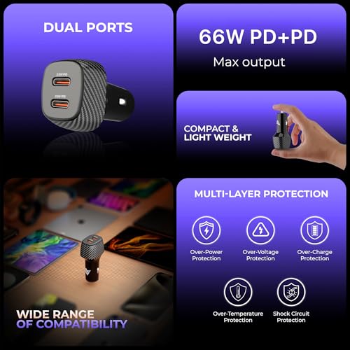 Image of DR VAKU BROTVOLT 66W Car Charger Dual Port Output Fast Charging Type C PD 33W USB Car Mobile Charger Adapter for iPhone 17 /16 /15 /14 /13 All Series, Tablets, Laptop & Android Smartphones- Black