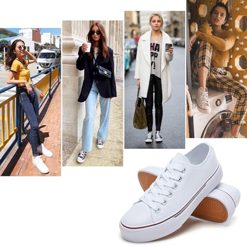 Image of hash bubbie White Sneakers for Women Low Top Canvas Shoes Womens Canvas Sneakers Women's Fashion Sneakers Slip on Casual Tennis Shoes