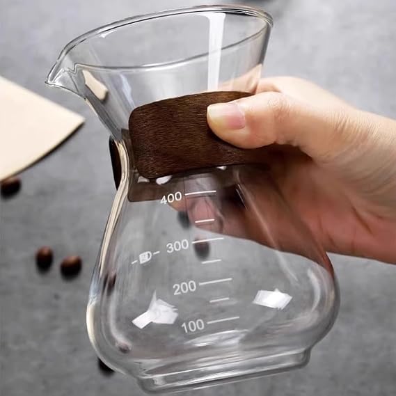 Premium Pour Over Coffee Maker with Stainless Steel Filter, Glass Carafe, Wood Accent Band, 400ml Capacity