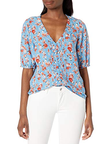 Lucky Brand Women's Short Sleeve Scoop Neck Floral Printed Pintuck Top, Blue Multi, M